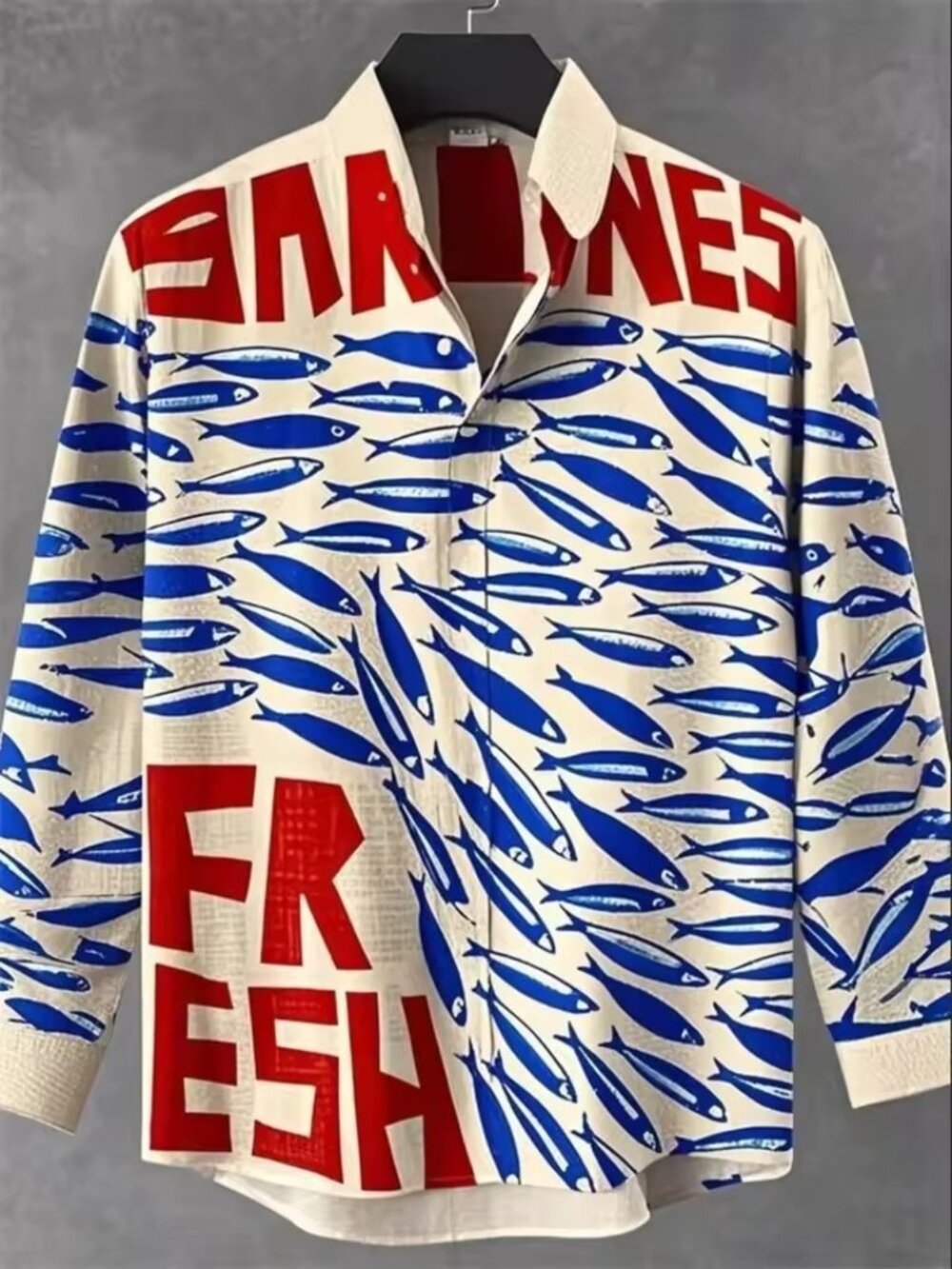 Sardines Fresh Fish Print Button Front Shirt Men's 5XL Long Sleeve Novelty - NEW